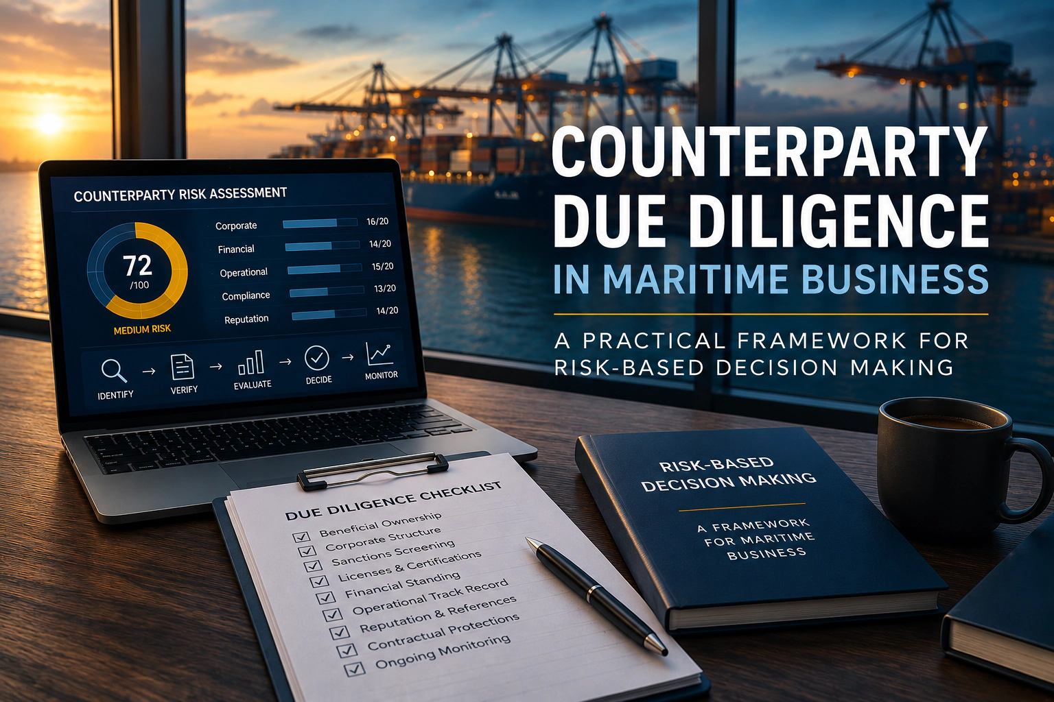 Executive maritime office with due diligence documents and counterparty risk assessment